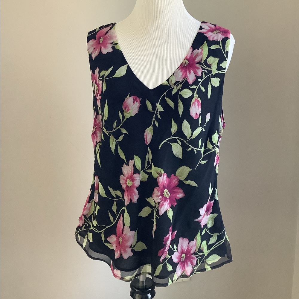 Black floral silk sleeveless top NWT 14